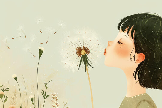 蒲公英在微風(fēng)中飛舞女孩在田野里歡快的奔跑