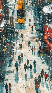 雪花紛飛的街道上人們過(guò)馬路一輛黃色的電車在背景中行駛