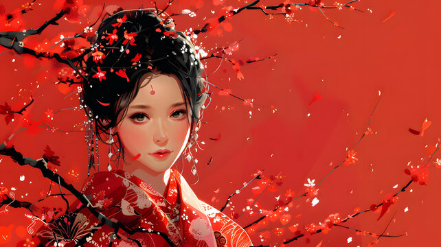 身穿紅色漢服的東方女子，手持紅色花朵發(fā)簪，站在紅色花瓣飄落的紅色背景前。