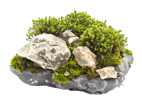 [免摳素材]白色背景上的綠色苔蘚和石頭