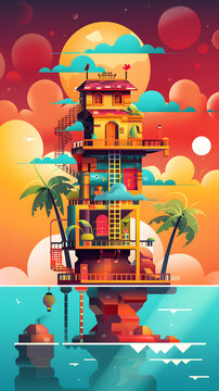 天空中的夢幻小屋，棕櫚樹和彩云