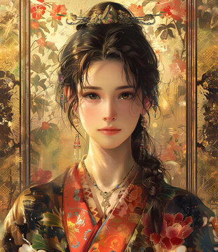 身穿中國傳統(tǒng)服飾的年輕女子肖像
