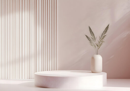 極簡(jiǎn)產(chǎn)品展示臺(tái)，帶綠植背景