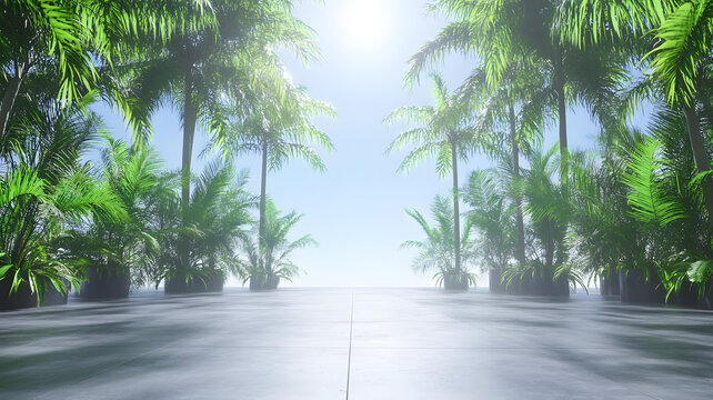熱帶棕櫚樹和空曠的混凝土地板