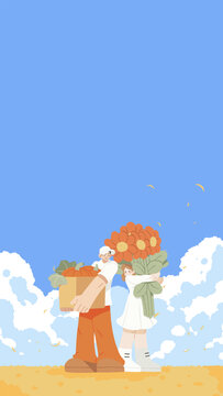 秋季插畫南瓜與花的溫馨畫面