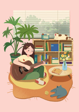 手繪扁平卡通彈吉他的女孩