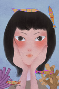 藍(lán)色幻想手繪Q版女孩插畫