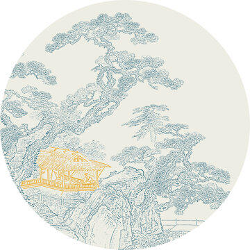 描金中式線描山水圓形畫