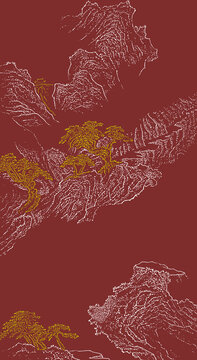 線描描金中式山水禪意玄關(guān)掛畫