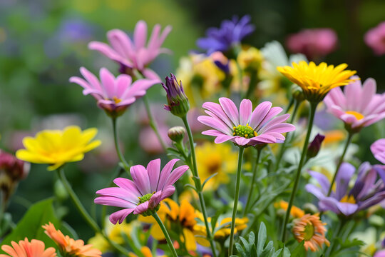 花園里盛開(kāi)的五顏六色的春季花朵