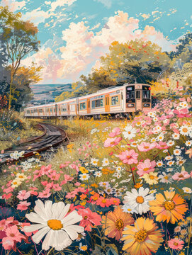 鮮花盛開的田野里行駛的火車