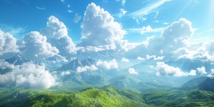 連綿起伏的蒼翠群山與湛藍天空