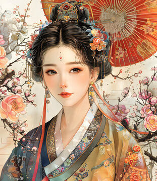 身穿漢服撐傘的中國(guó)古代美女