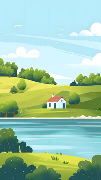 夏日河邊小屋的風景