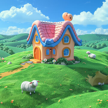 卡通小屋綠坡風景