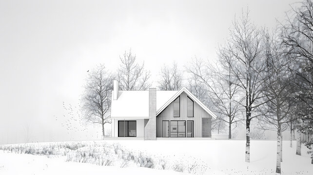 雪地樹林中的極簡(jiǎn)房屋建筑草圖
