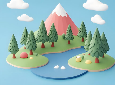 卡通山川河流森林場景3D模型