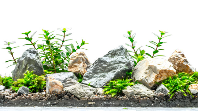 [免摳素材]白色背景上的綠色苔蘚和巖石