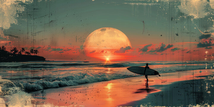 夕陽西下沖浪者在海灘上行走身后的大月亮