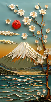 富士山與櫻花和紅太陽