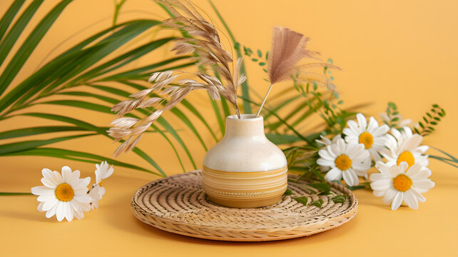 黃色背景上的花瓶和雛菊