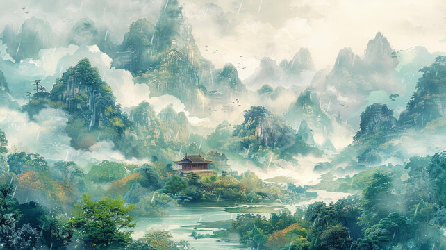中國山水畫：云霧山巒中的寺廟