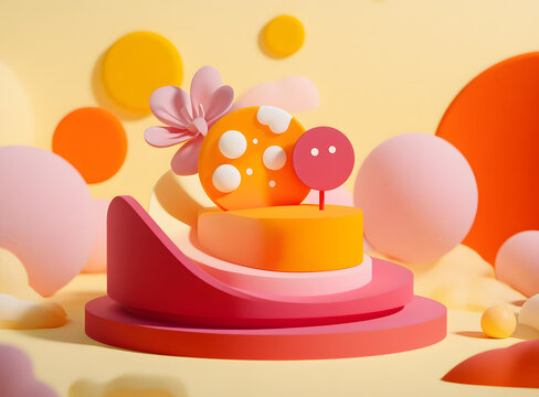 抽象幾何形狀和粉色花朵的3D