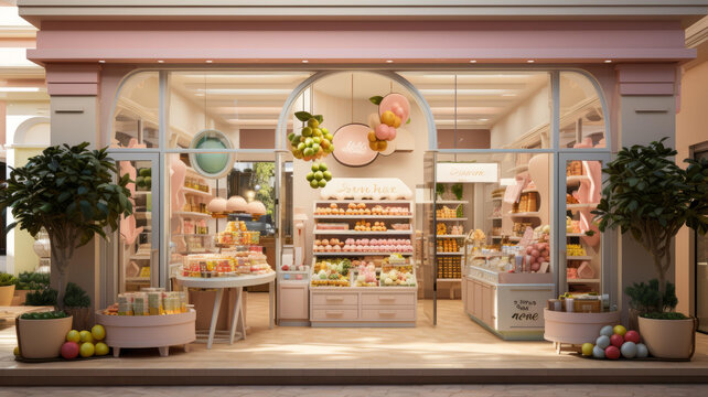 一家甜品店的誘人櫥窗以粉紅色為主色調(diào)