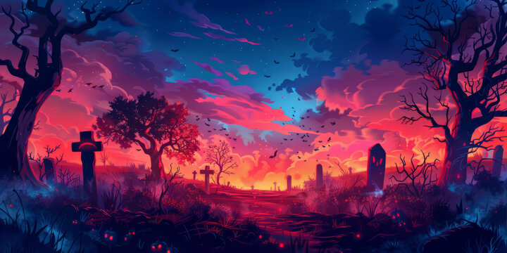 森林墓地紅色天空蝙蝠