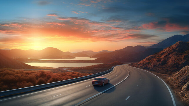 夕陽下汽車在山間公路蜿蜒行駛