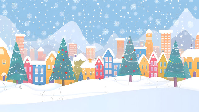 冬日雪景城市景觀，圣誕樹