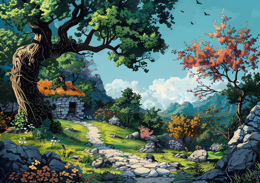奇幻風(fēng)景與石頭小屋