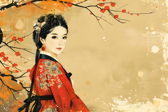 身穿韓國傳統(tǒng)服飾的美麗韓國女子站在花叢中