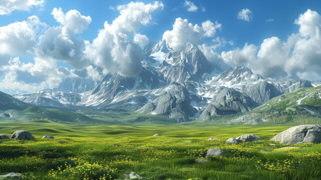 風(fēng)景優(yōu)美的山地景觀，綠色的草地和鮮花