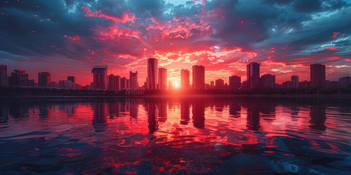 城市夕照下的湖面