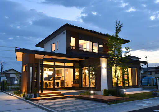 現(xiàn)代兩層住宅，帶露臺(tái)和大型窗戶