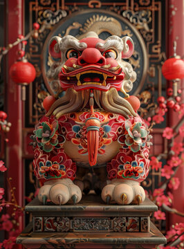 中國石獅子 3D 渲染