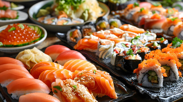 美味的日本壽司拼盤(pán)，包括三文魚(yú)、金槍魚(yú)和鱷梨