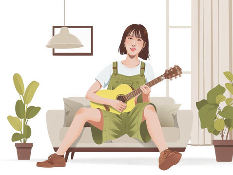 一個年輕女子坐在沙發(fā)上彈吉他