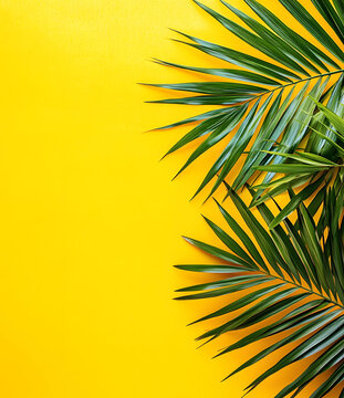 黃色背景上的棕櫚葉夏季熱帶極簡(jiǎn)風(fēng)格