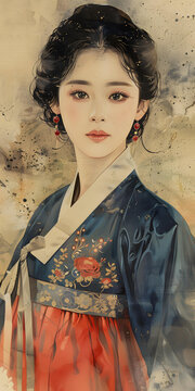 身著傳統(tǒng)韓服的優(yōu)雅亞洲女性
