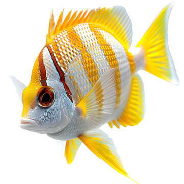 白色背景下的黃色條紋熱帶魚
