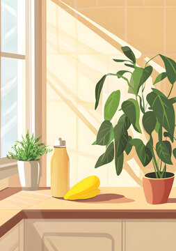 陽(yáng)光明媚的廚房窗臺(tái)植物與瓶子