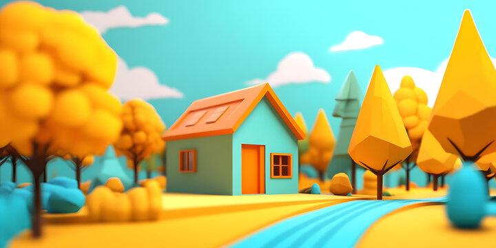 秋季低多邊形房屋景觀
