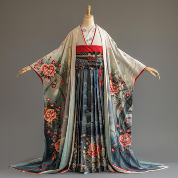 一件帶花卉圖案和白色背景的和服