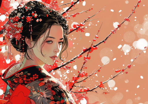 身穿和服的美麗日本女子站在雪地森林中。