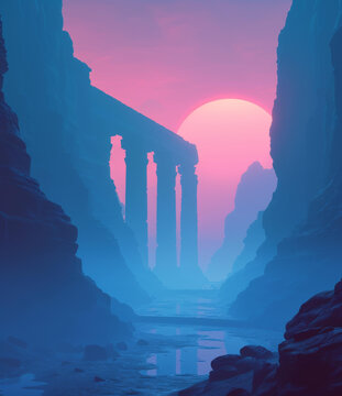 夢幻般的廢墟與夕陽景觀數(shù)字藝術
