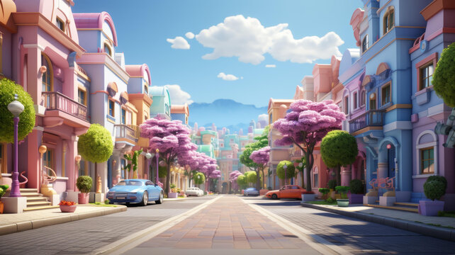 街道兩旁種滿櫻花樹的卡通小鎮(zhèn)街道