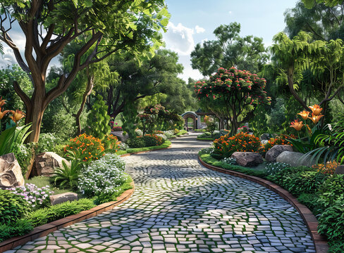 鵝卵石小路通往蔥郁花園
