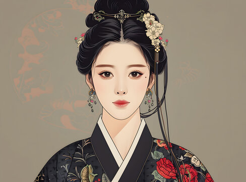 身穿中國傳統(tǒng)服飾的年輕女子肖像